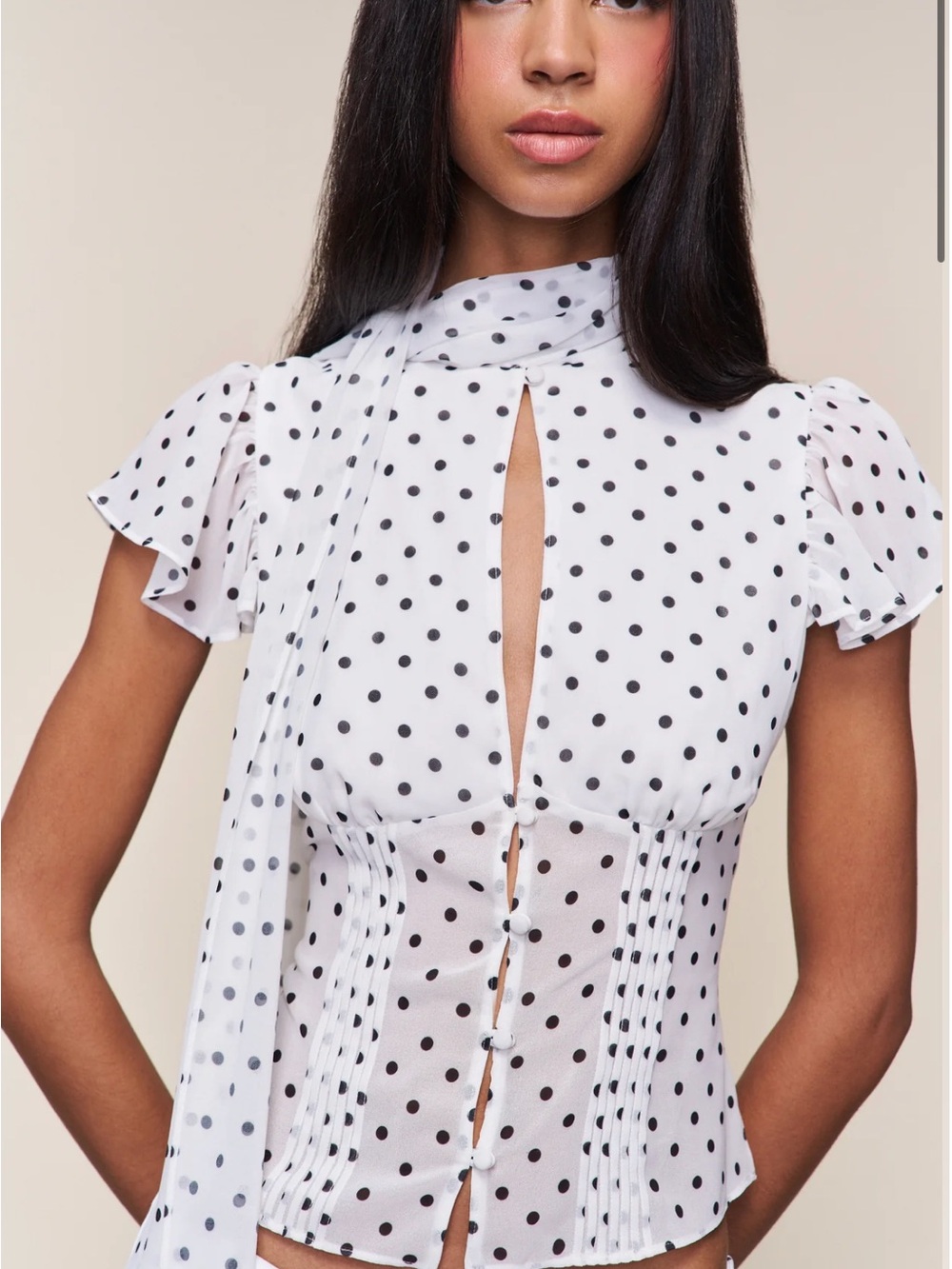 Danielle Guizo Polka Dot Tie-Neck Ruffled Sleeve Top - White with Black Dots